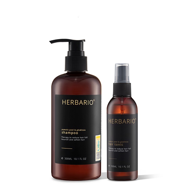 Bộ 3 sạch da đầu phục hồi tóc bồ kết & vỏ bưởi Herbario: Dầu gội 300ml + Serum tóc 30ml + Nước xịt dưỡng tóc 100ml